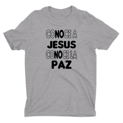 Conoce a Jesús Conoce la Paz Camiseta Cristiana Para Hombres en Gris | Aprojes