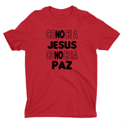 Conoce a Jesús Conoce la Paz Camiseta Cristiana Para Hombres en Rojo | Aprojes