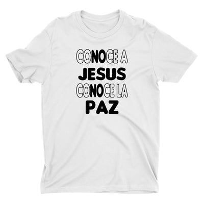 Conoce a Jesús Conoce la Paz Camiseta Cristiana Para Hombres en Blanco | Aprojes
