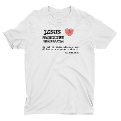 Jesus Dejo Su Huella En Mi Corazon Camiseta Cristiana Para Hombres en Blanco | Aprojes