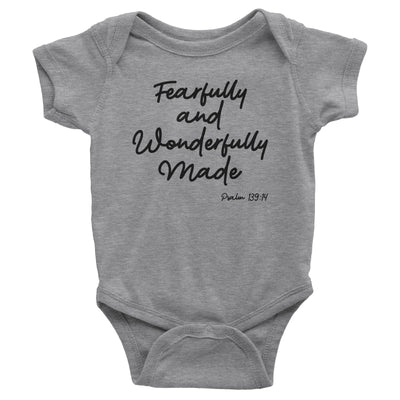 Fearfully and Wonderfully Made Baby Heathery Grey Bodysuit | Christian Baby Gifts | Aprojes
